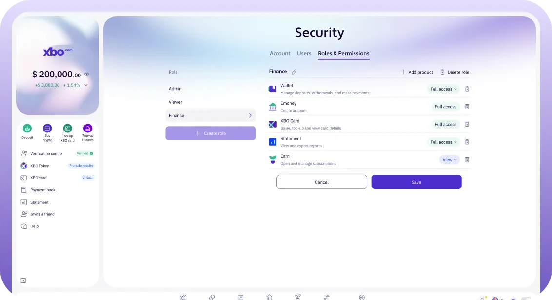 The XBO Security screen, Roles & Permissions tab, setting product access for a Finance role