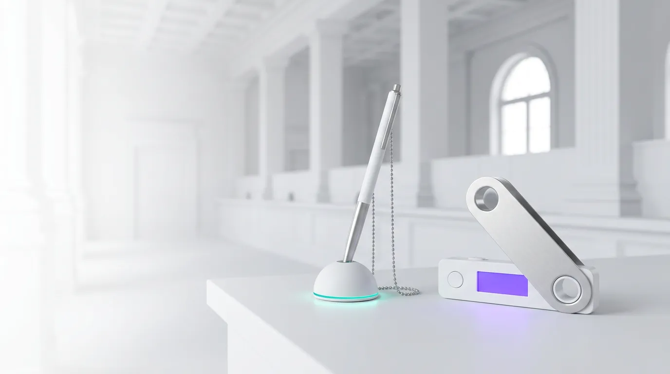 A white marble banking hall, with a pen on a teal-lit stand and a purple-lit crypto hardware wallet resting on a desk