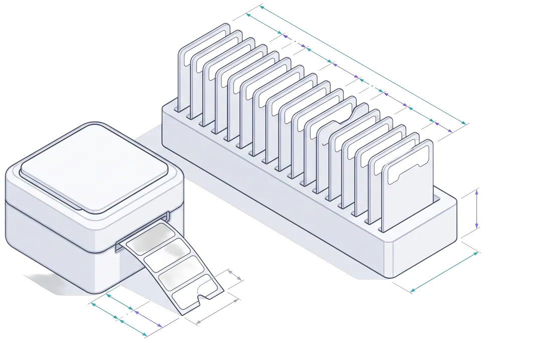 Isometric illustration of a label printer feeding a tag beside a rack of filed cards