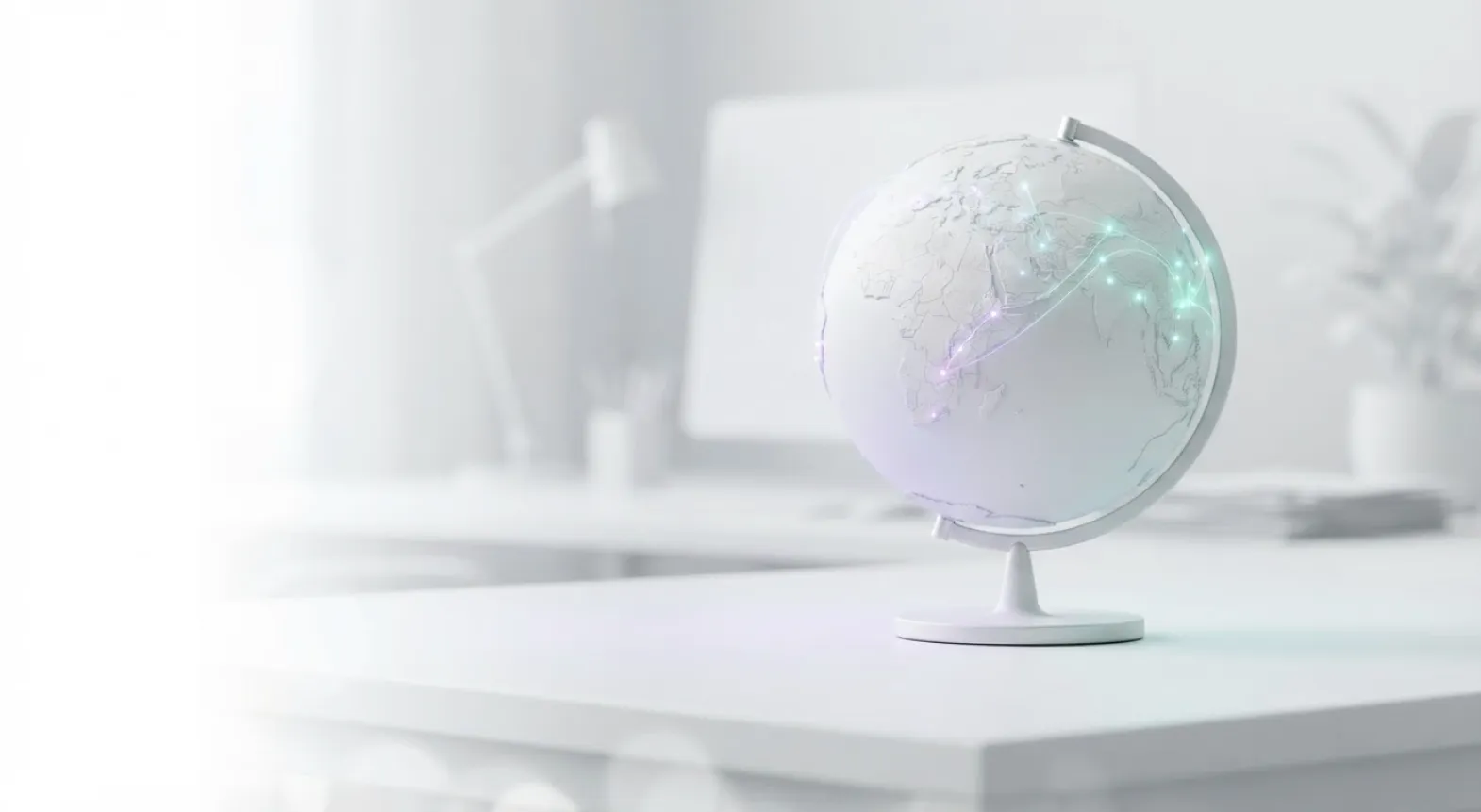 A white desk globe with glowing payment routes, in a bright office