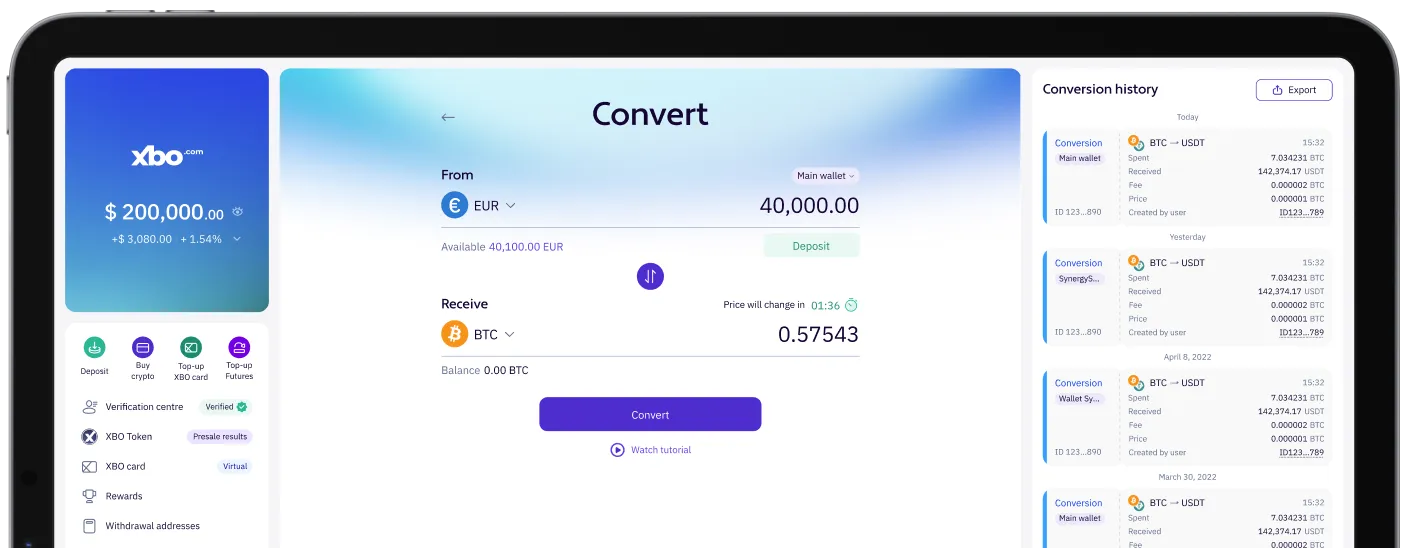 The XBO Convert screen on a tablet, showing a quote to convert a fiat balance to bitcoin beside the conversion history