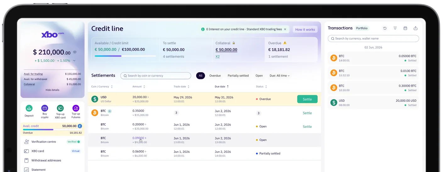 The XBO credit line dashboard on a tablet, showing the available credit limit, settlements and recent transactions