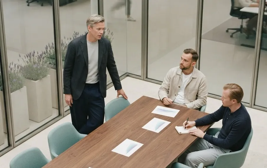 Three colleagues meeting at a long table in a glass-walled office