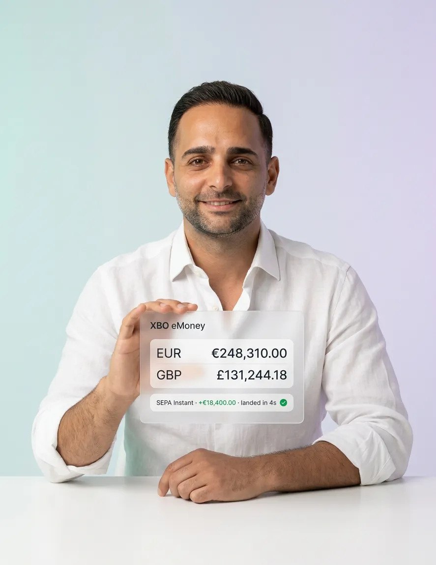 A smiling businessman holding a glass card showing his XBO eMoney EUR and GBP balances