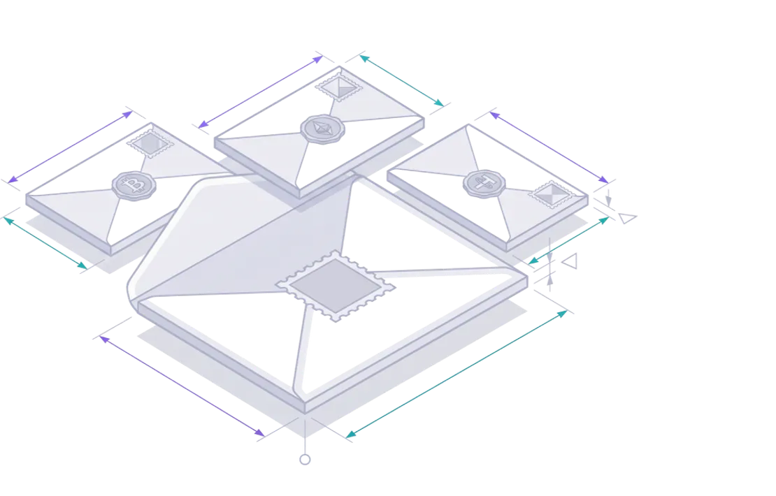 Isometric line illustration of one large envelope dispatching to three smaller envelopes