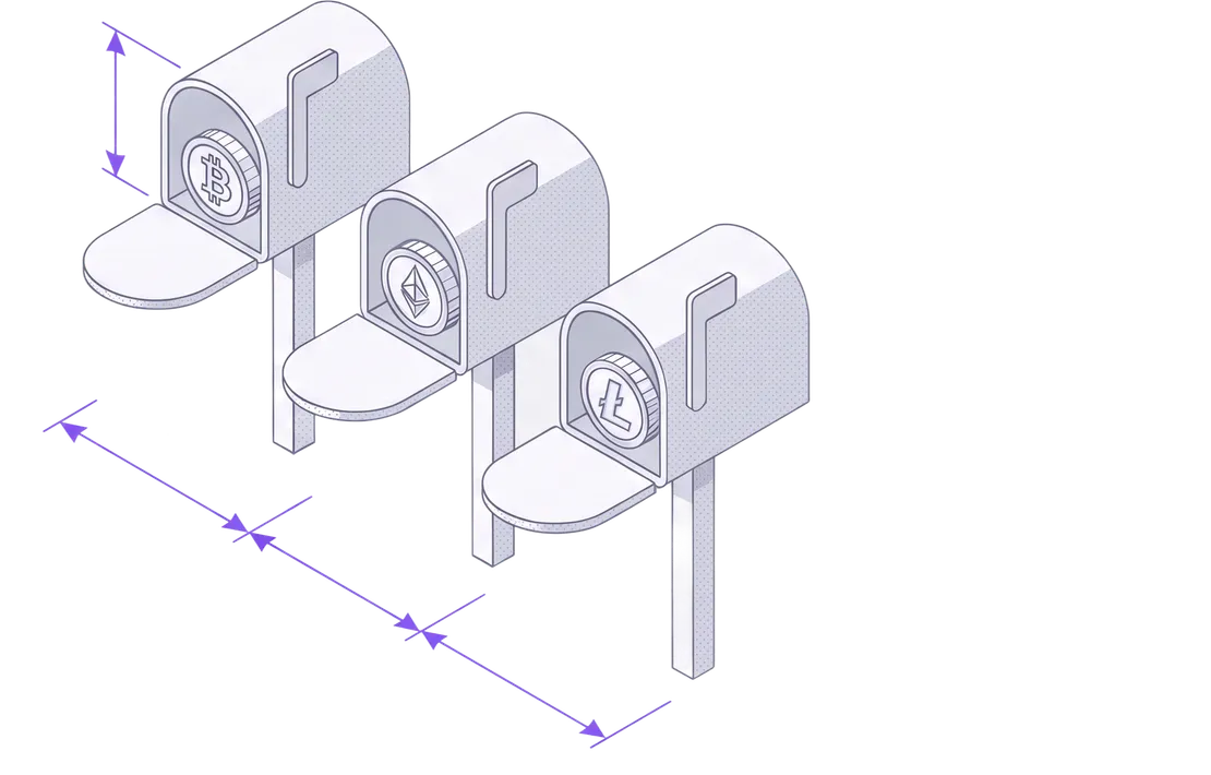 Isometric line illustration of three mailboxes in a row with measurement guides