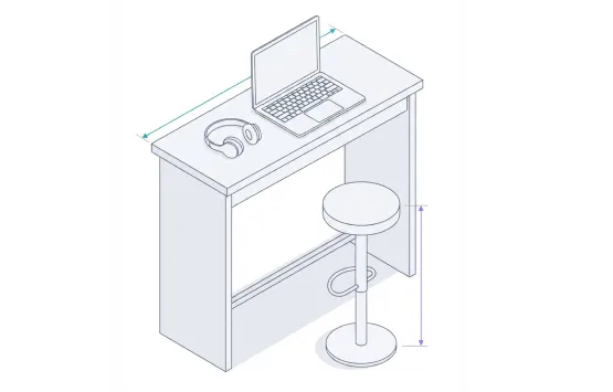 Isometric line illustration of a standing desk with a laptop, headphones and a stool