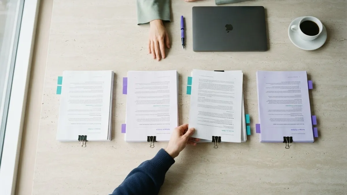 Four printed documents with coloured tabs laid out on a desk, seen from above