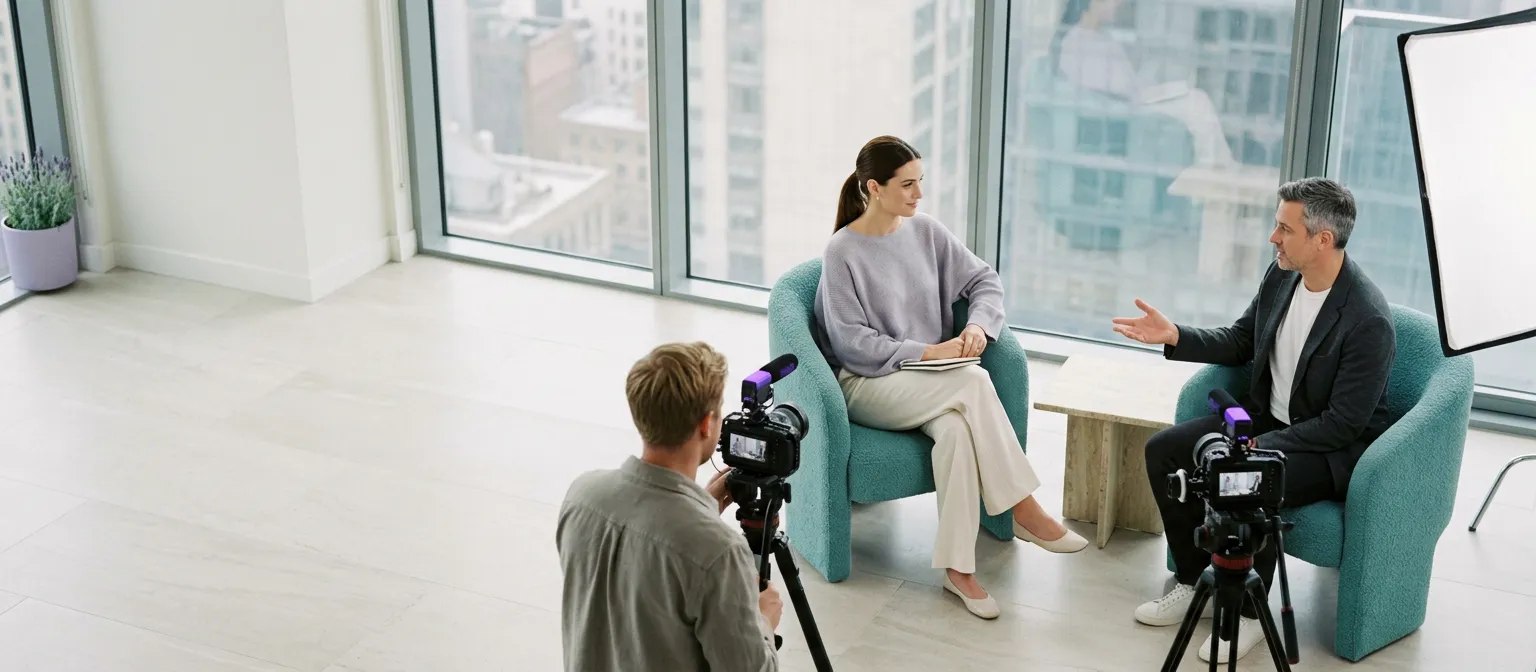 A camera operator films an interview between two people in armchairs in a glass-walled office