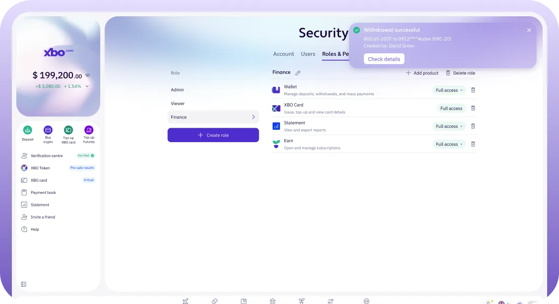 The XBO Security screen showing a withdrawal-successful notification