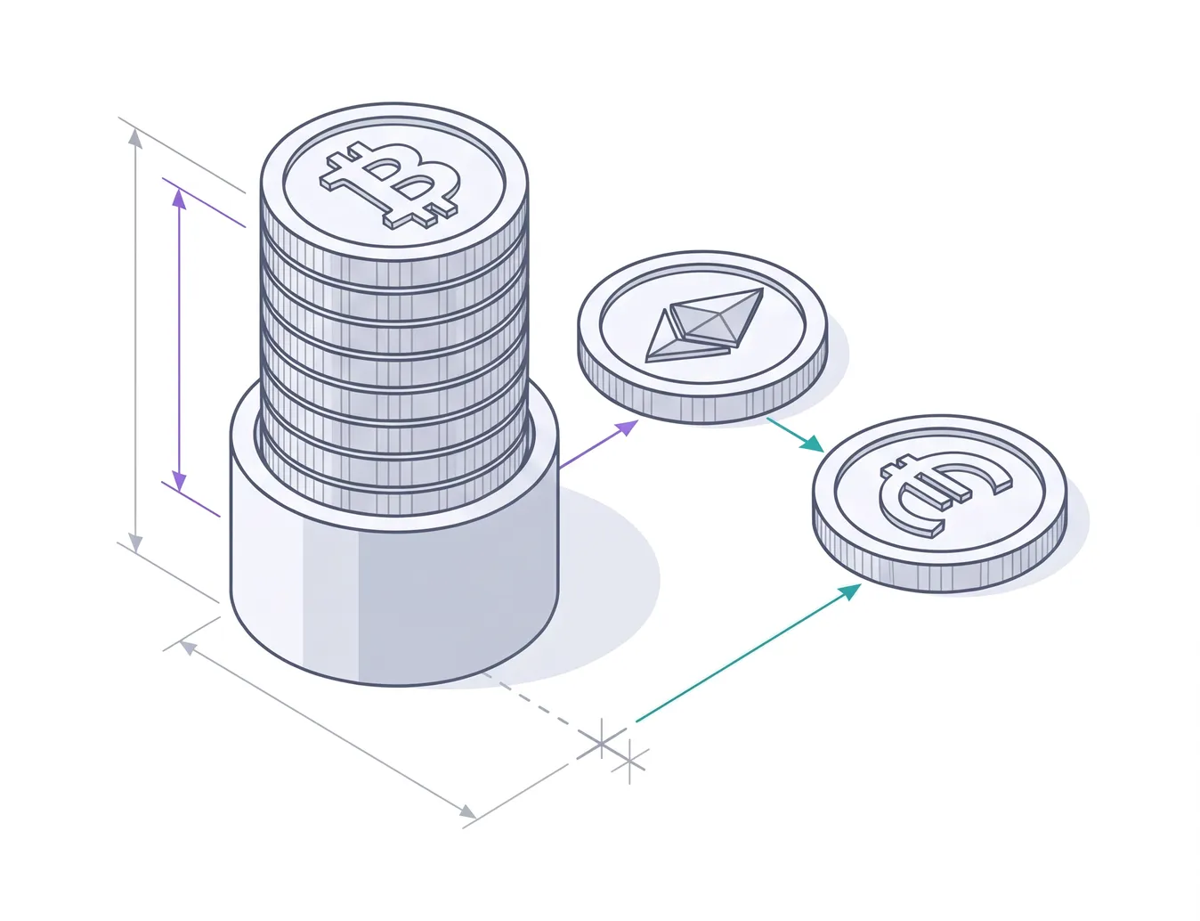 An isometric coin stack with crypto and euro coins moving out of it
