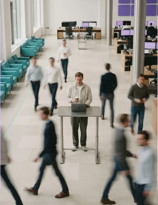 A trading-floor office with a person working at a standing desk while colleagues walk past