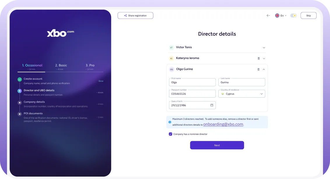 The XBO corporate onboarding form, at the Director details step