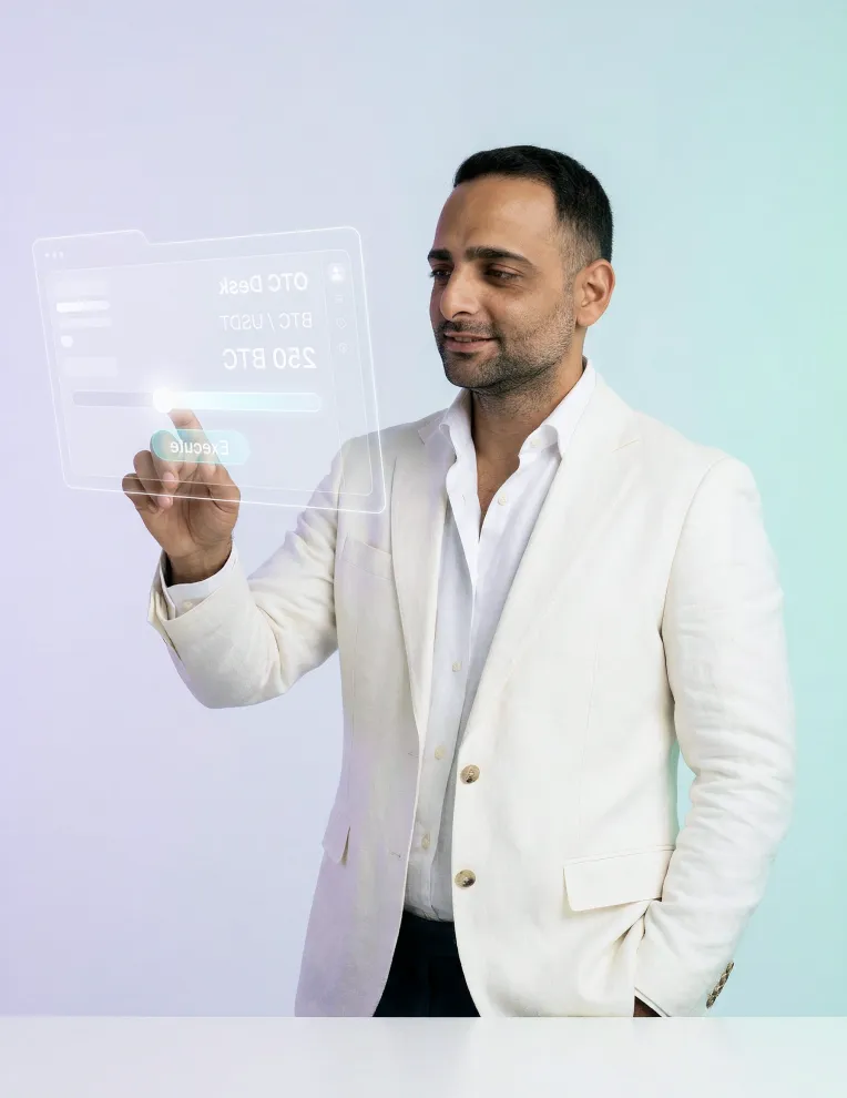 A businessman in a white jacket reaching towards a translucent account panel