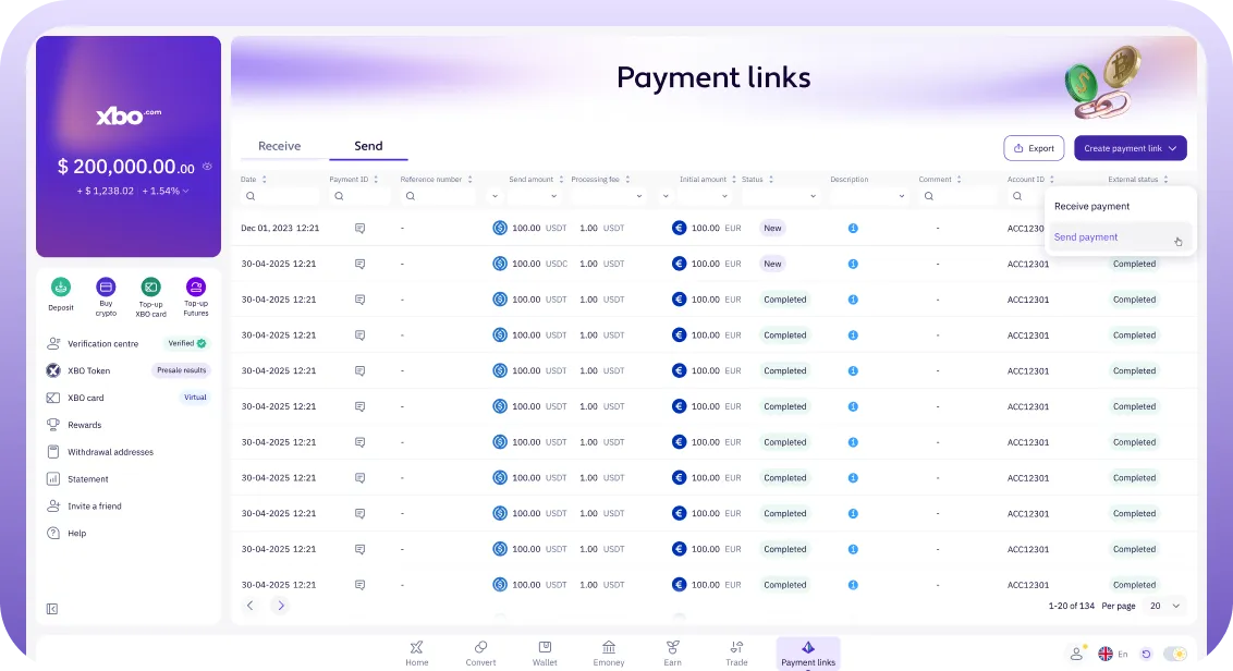 The Payment links screen of the XBO business account: a table of sent payment requests with amounts, statuses and a Create payment link menu
