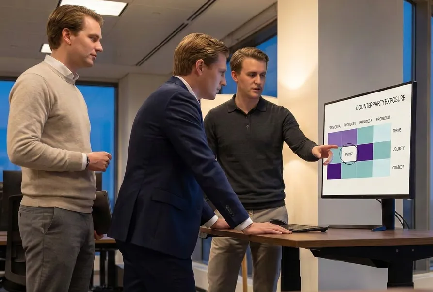 Three colleagues reviewing a counterparty exposure matrix on a screen