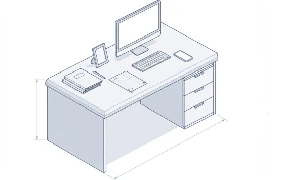 Isometric line illustration of an office desk with a monitor, tablet, documents and a drawer unit