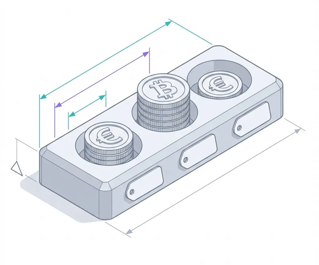 An isometric tray holding three separate stacks of coins