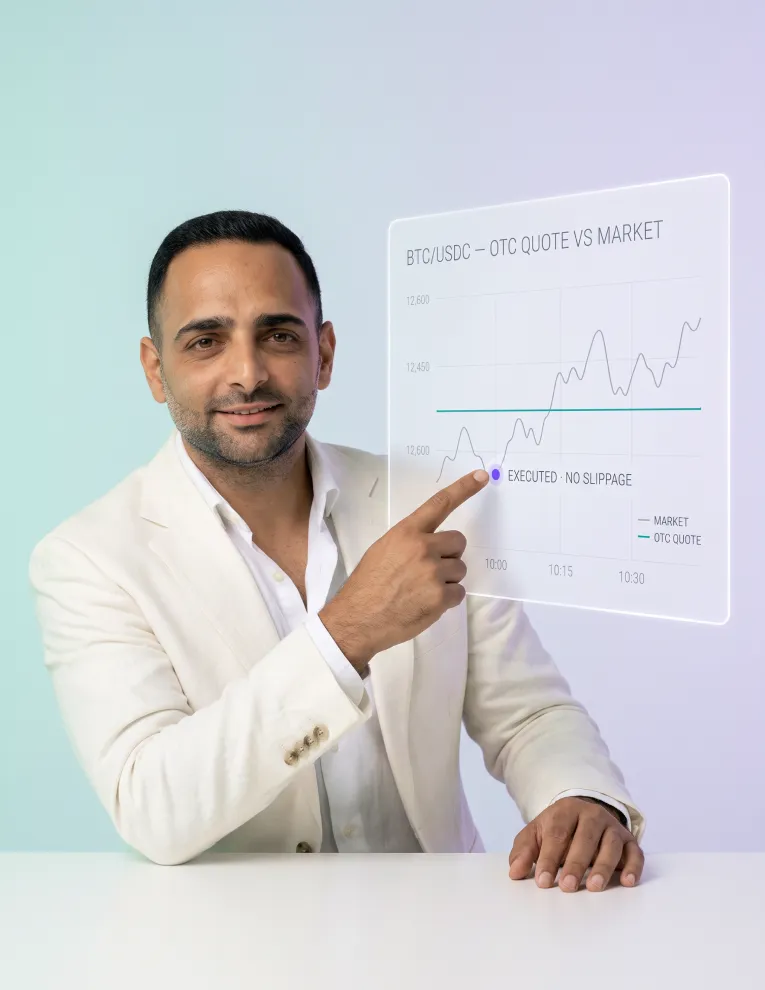 An XBO team member pointing at a translucent panel showing a conversion chart