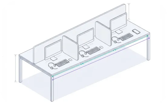 Isometric line illustration of a shared bench desk with partitioned workstations