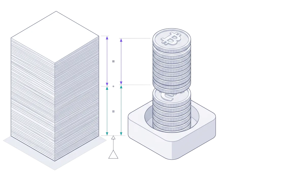Isometric illustration of a tall stack of documents beside a column of coins in a secure base