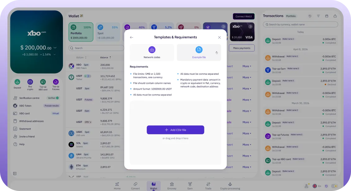XBO wallet with the Templates & Requirements panel open, listing the CSV file requirements