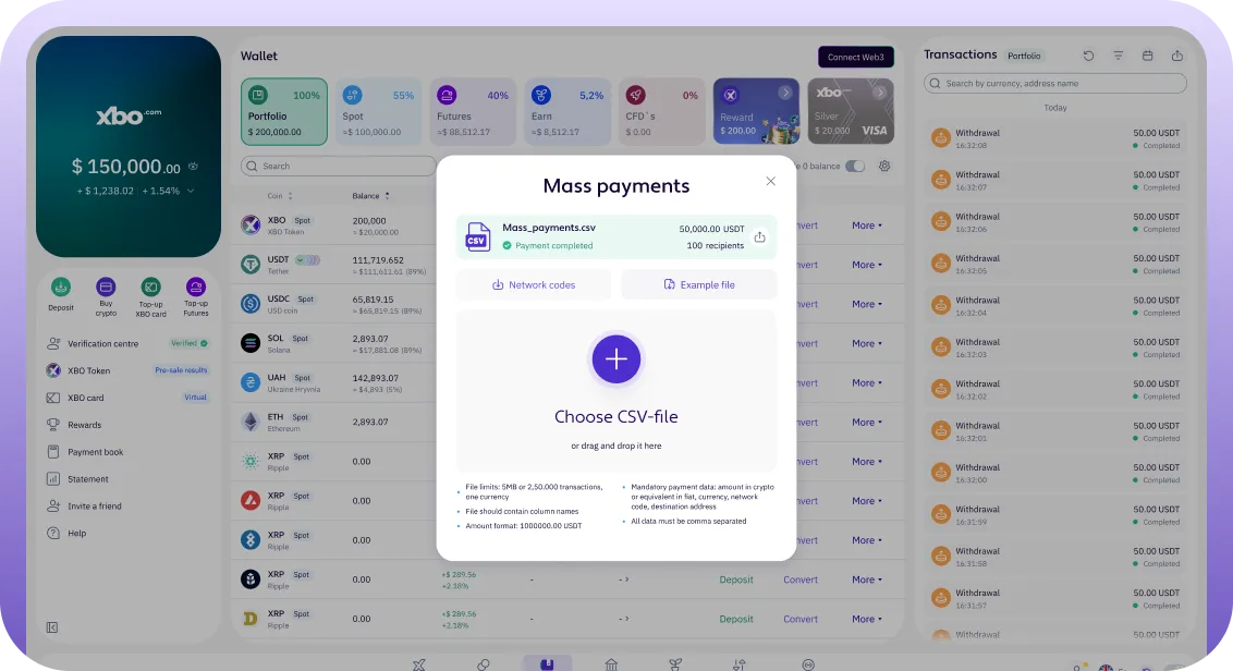 XBO wallet with the Mass payments panel open, showing an uploaded CSV file of 100 recipients
