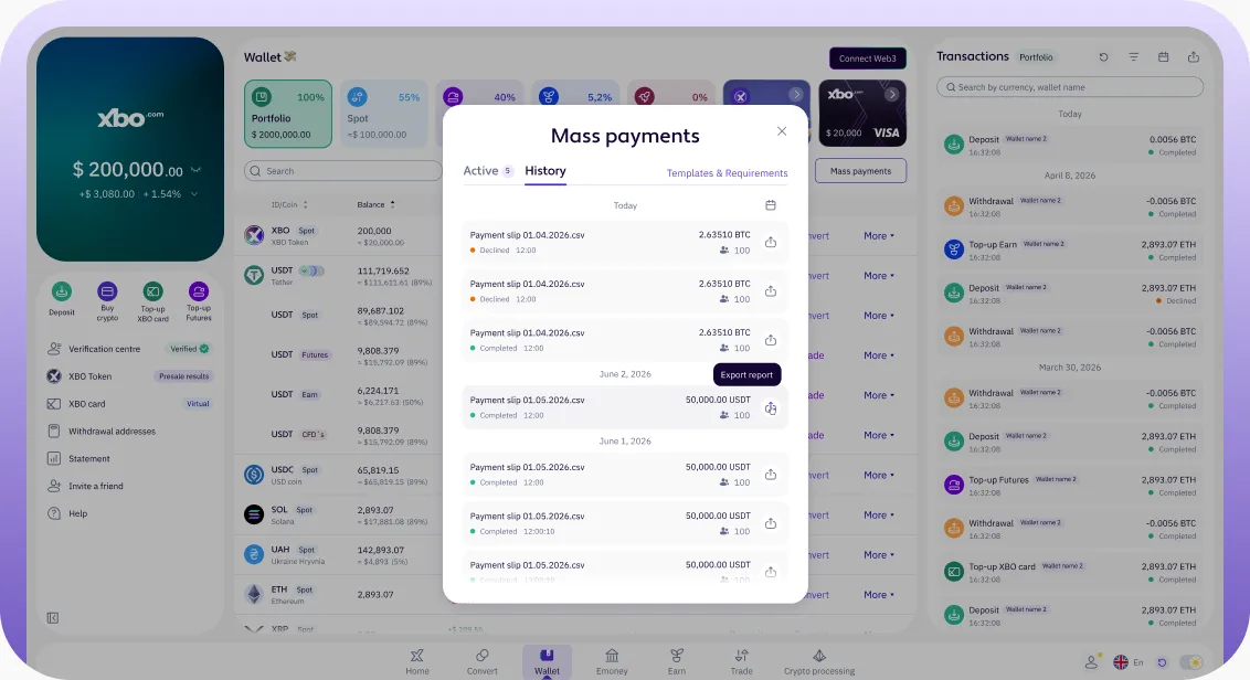 XBO wallet with the Mass payments history, listing past payment batches and their status