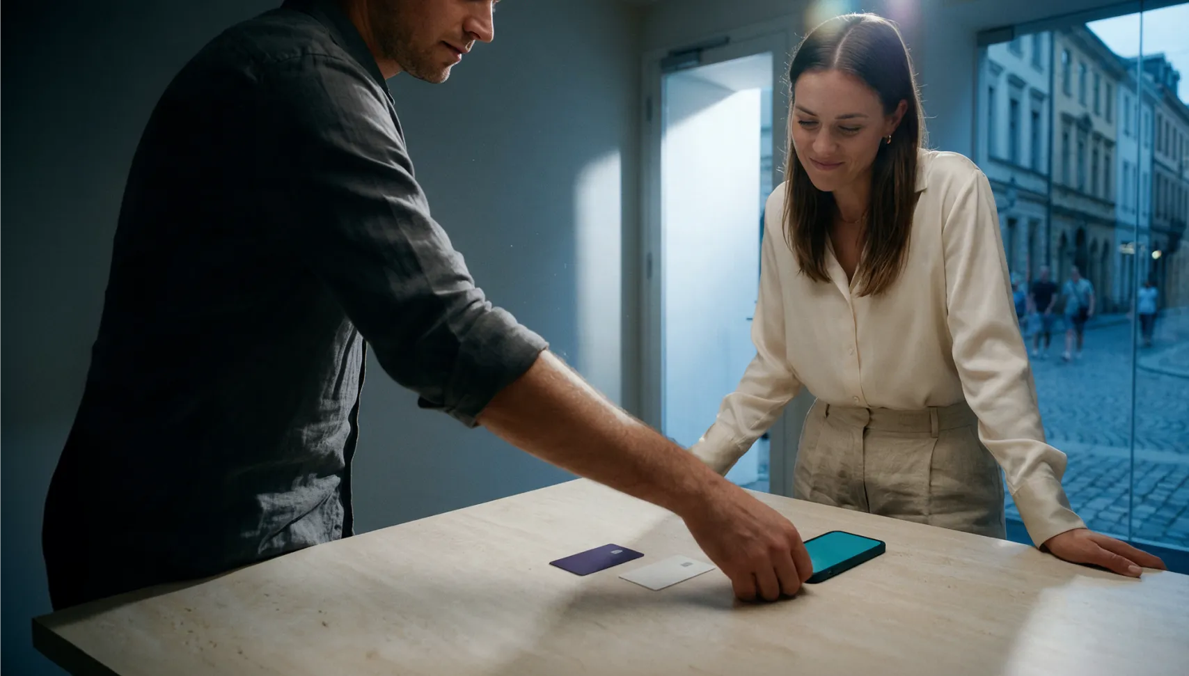Two colleagues at a desk, one placing a payment card beside a phone