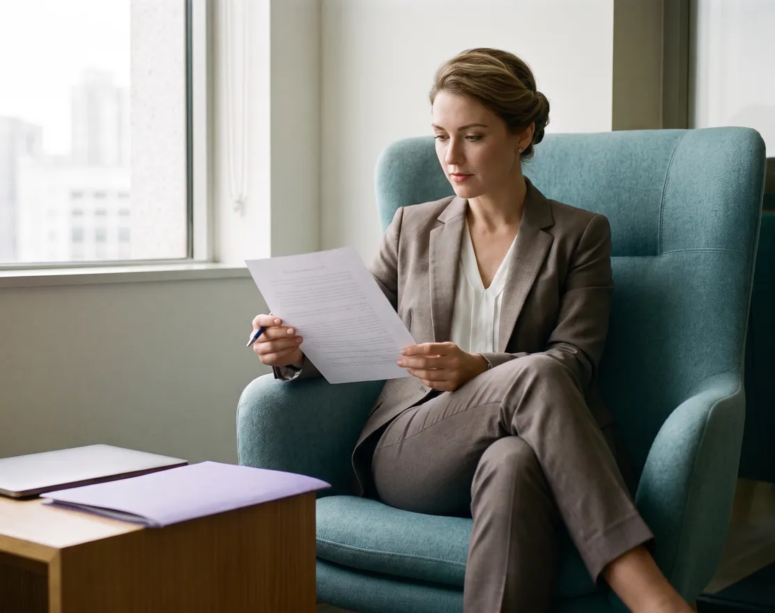 A woman in an armchair reading a printed document