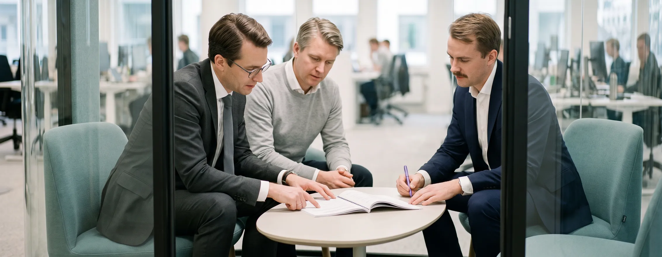 Three colleagues reviewing product terms together at a meeting table