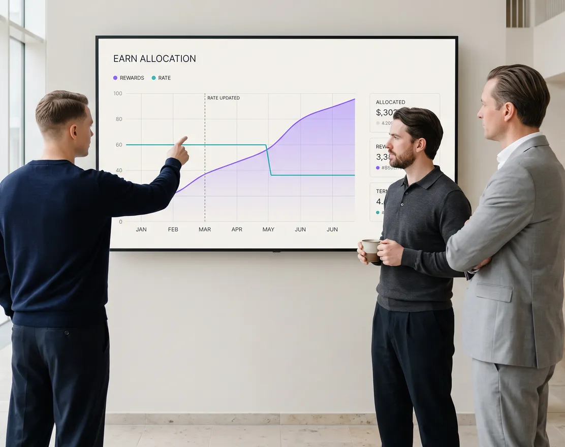 Three colleagues discussing an Earn allocation chart on a wall screen
