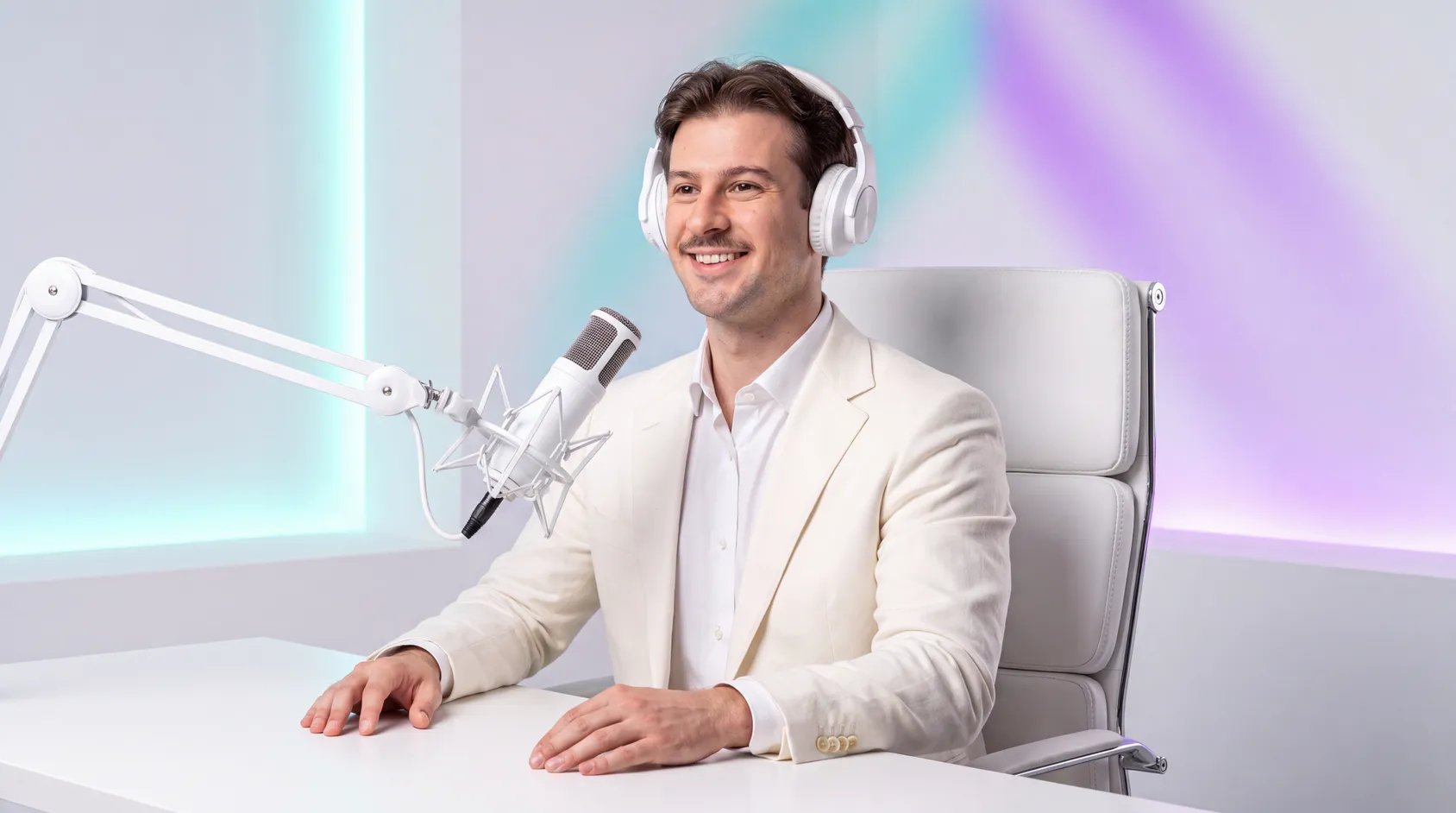 Regi Kosova, Head of Business Development, speaking into a studio microphone